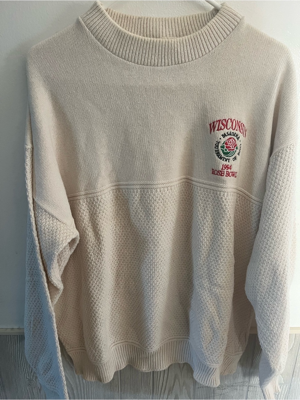 Vintage 1994 Wisconsin Rose Bowl Nutmeg
Mills Knit Sweater Made in USA L